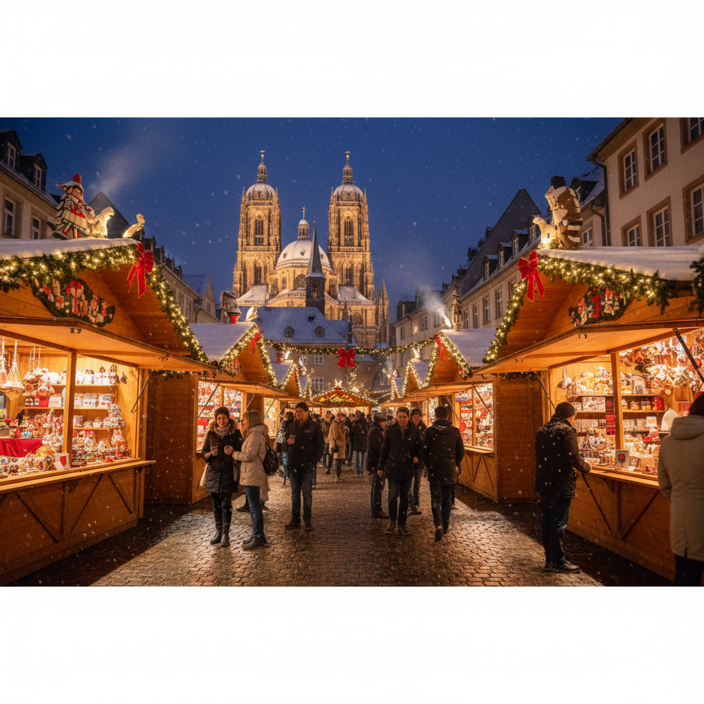 Marché de Noël d'Aix-la-Chapelle avec stands illuminés devant la cathédrale